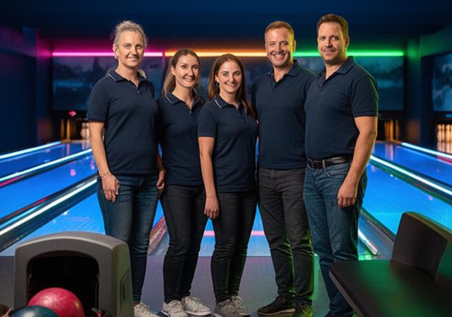 Bowlingteam von Ortlieb Bowling GmbH an einer beleuchteten Bahn im Erzgebirge